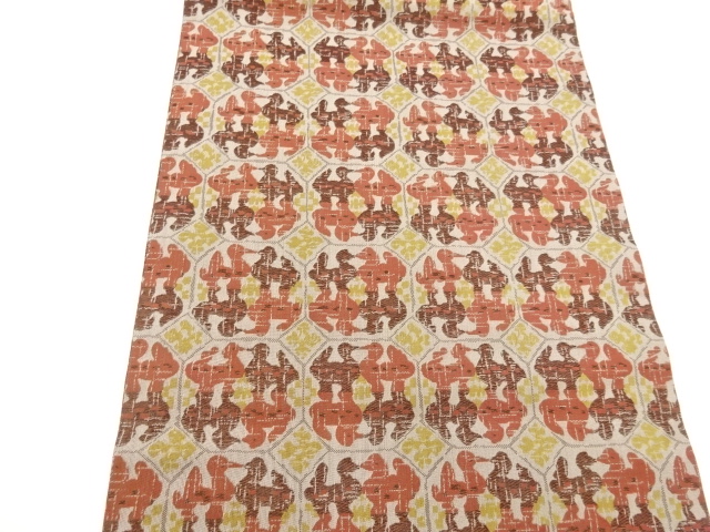  抽象向かい動物模様織出し開き名古屋帯（額縁仕立て）